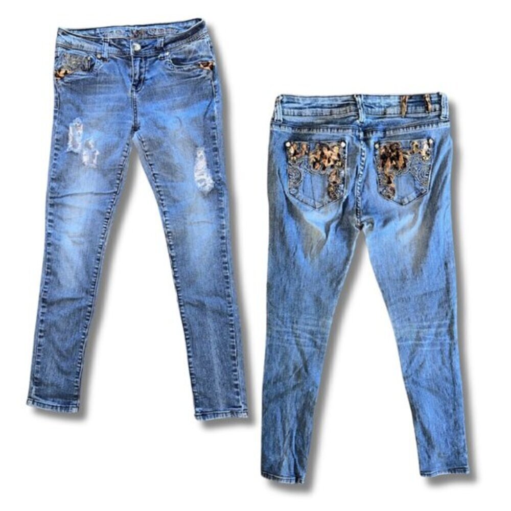 Sweet Look Vintage Size 7 women's jeans leopard cheetah pockets skinny holes